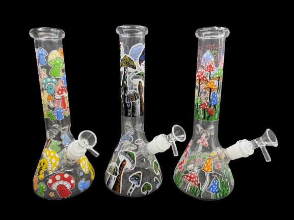 10" 350Gr. Mushroom Print Colorful Base Glass Water Pipe W/ Stem & Bowl 1pc (Mystery Color)