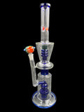 15" 710Gr. 2 Chamber Blue Perc Top Designed Glass Water Pipe w/ Zigzag Bowl