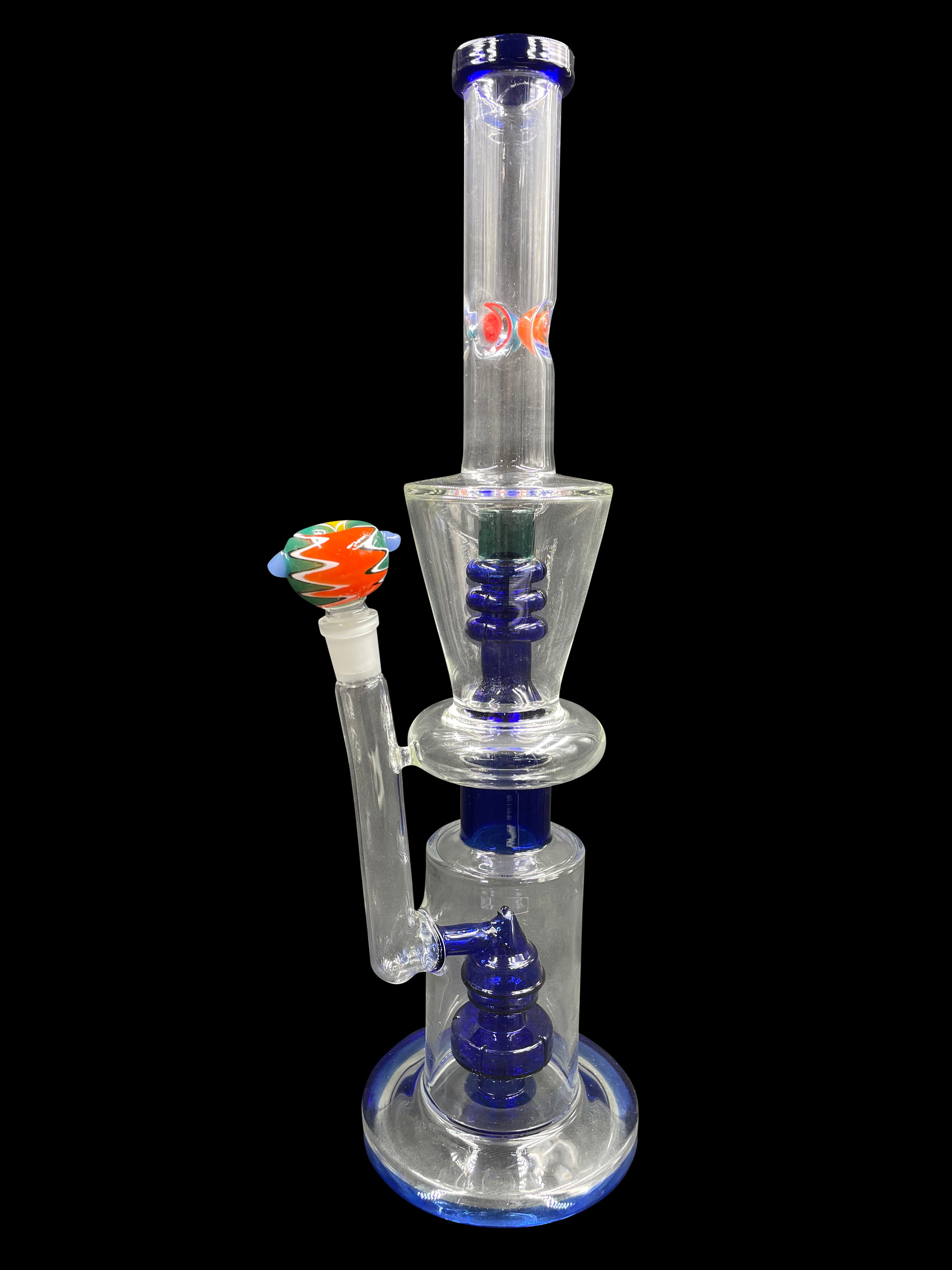 15" 710Gr. 2 Chamber Blue Perc Top Designed Glass Water Pipe w/ Zigzag Bowl