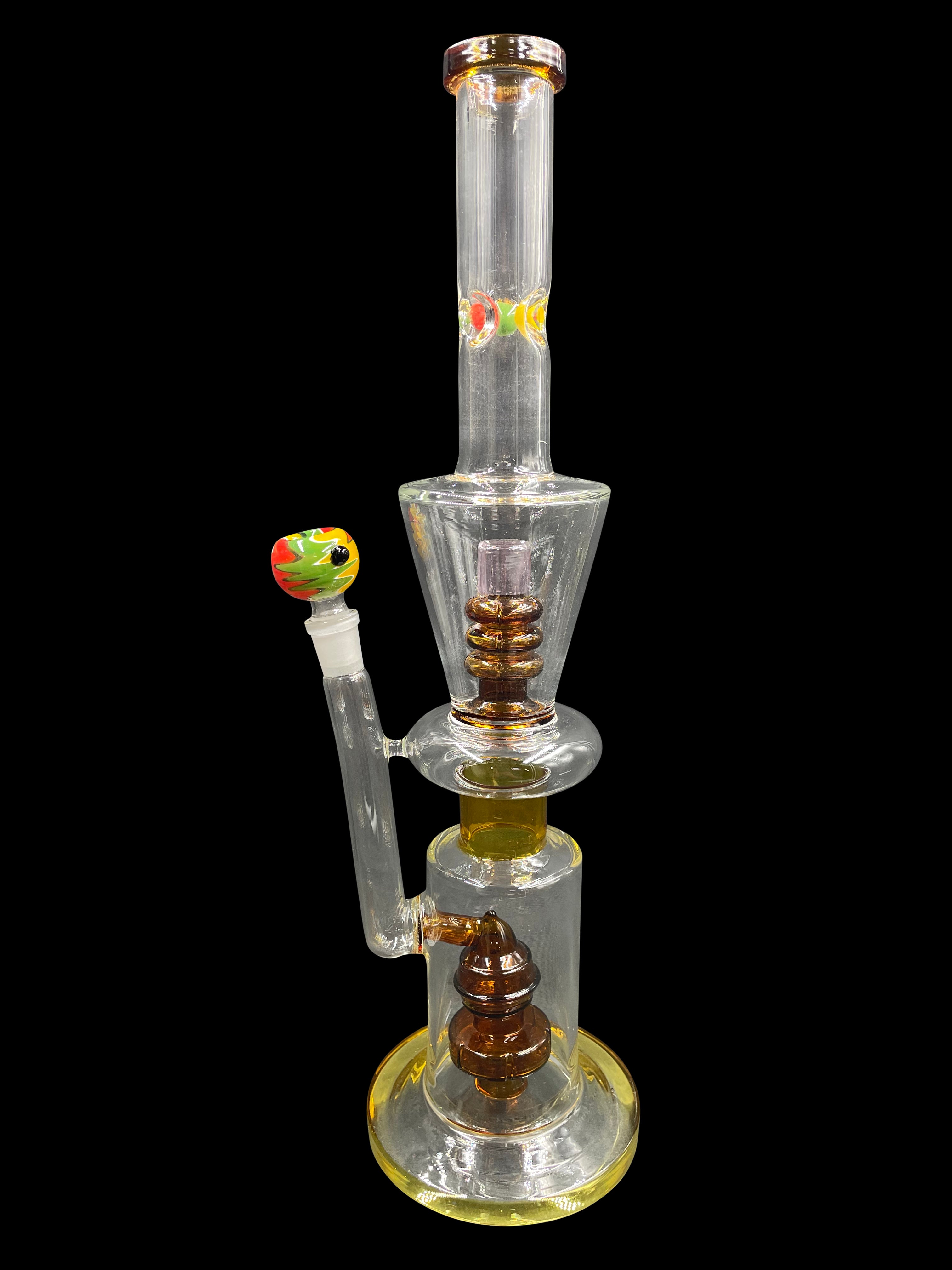 15" 710Gr. 2 Chamber Amber Perc Top Designed Glass Water Pipe w/ Zigzag Bowl