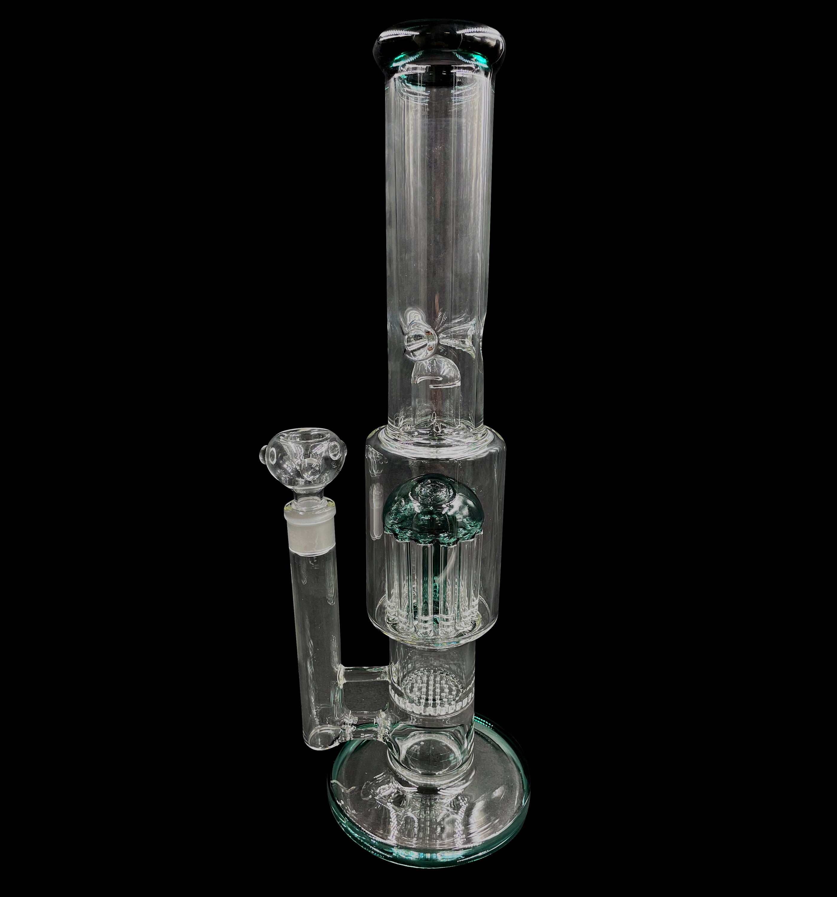16" 1Kg. Teal 12 Arm Perc & Honeycomb Disk Clear Glass Water Pipe w/ Bowl #156
