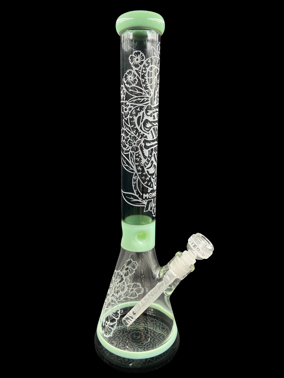 18" 1170Gr. Monster Black Engraved Designed Beaker Glass Water Pipe w/ Stem & Bowl