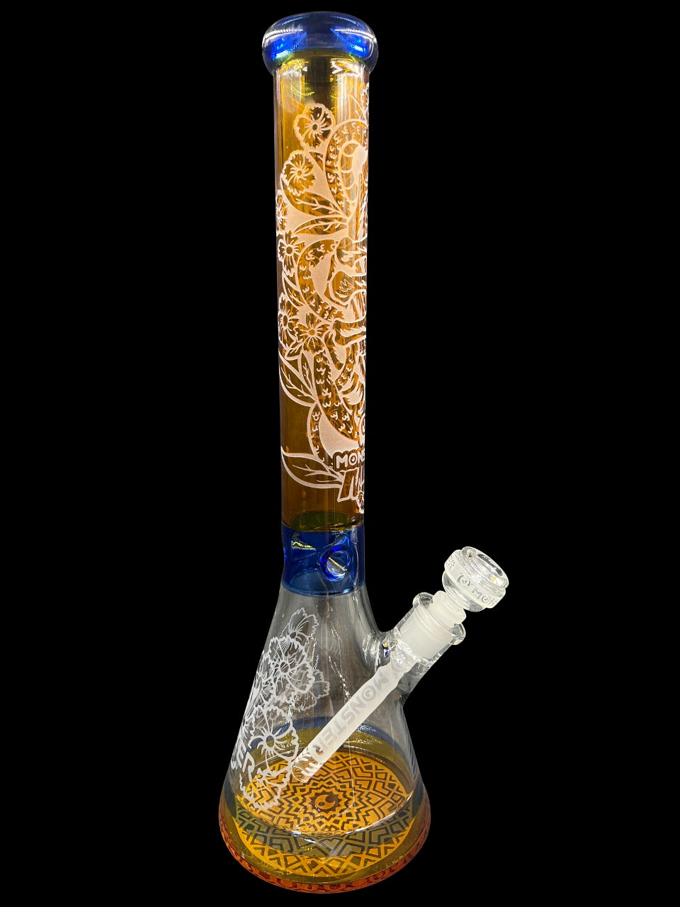 18" 1170Gr. Monster Amber Engraved Designed Beaker Glass Water Pipe w/ Stem & Bowl
