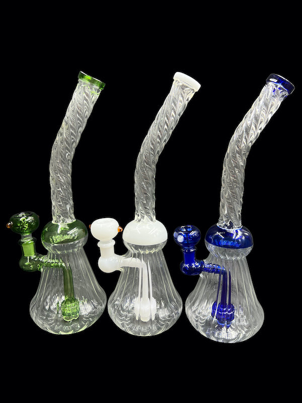 12" 310Gr. Top Twisted Designed Beaker Colored Perc Glass Water Pipe w/ Bowl 1pc (Mystery Color) White, Green, Blue