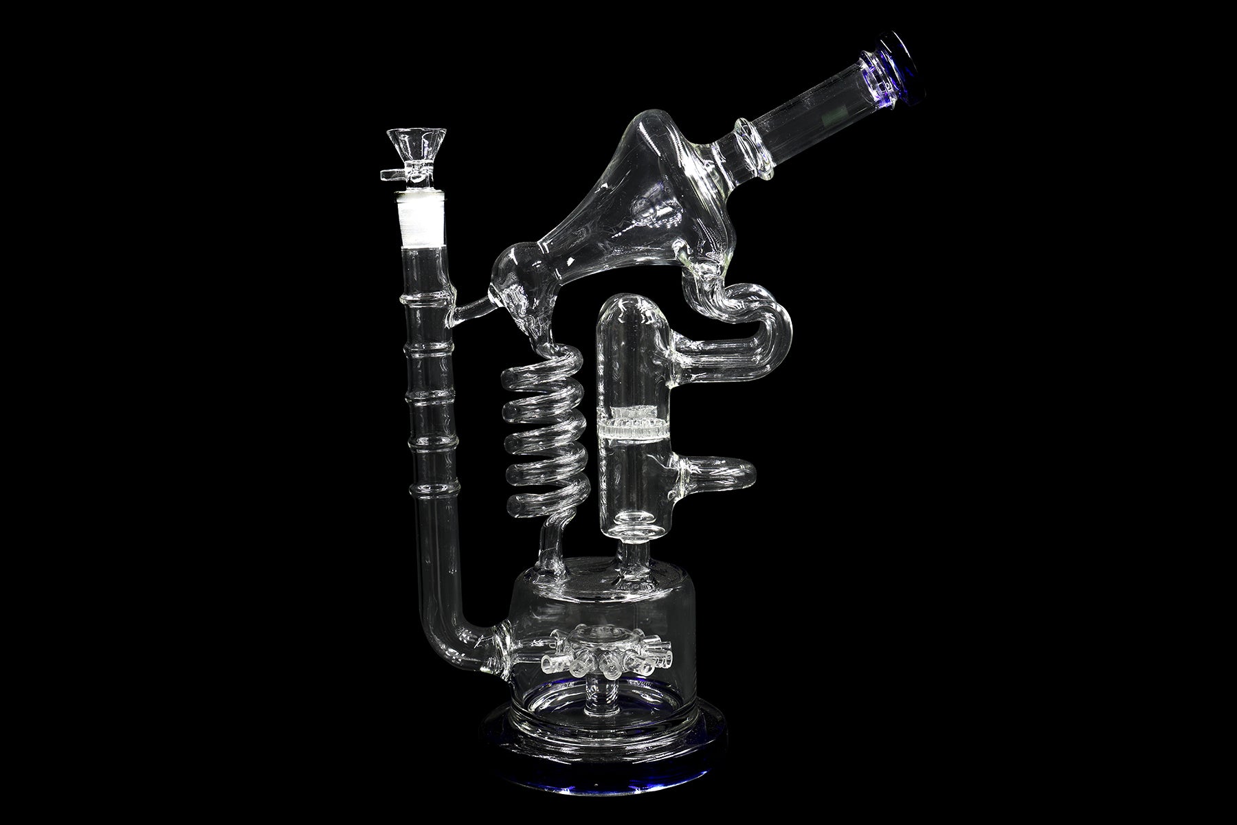 14" 858Gr. Circle Tube Perc Spiral Design Blue Recycler Glass Water Pipe W/ Bowl